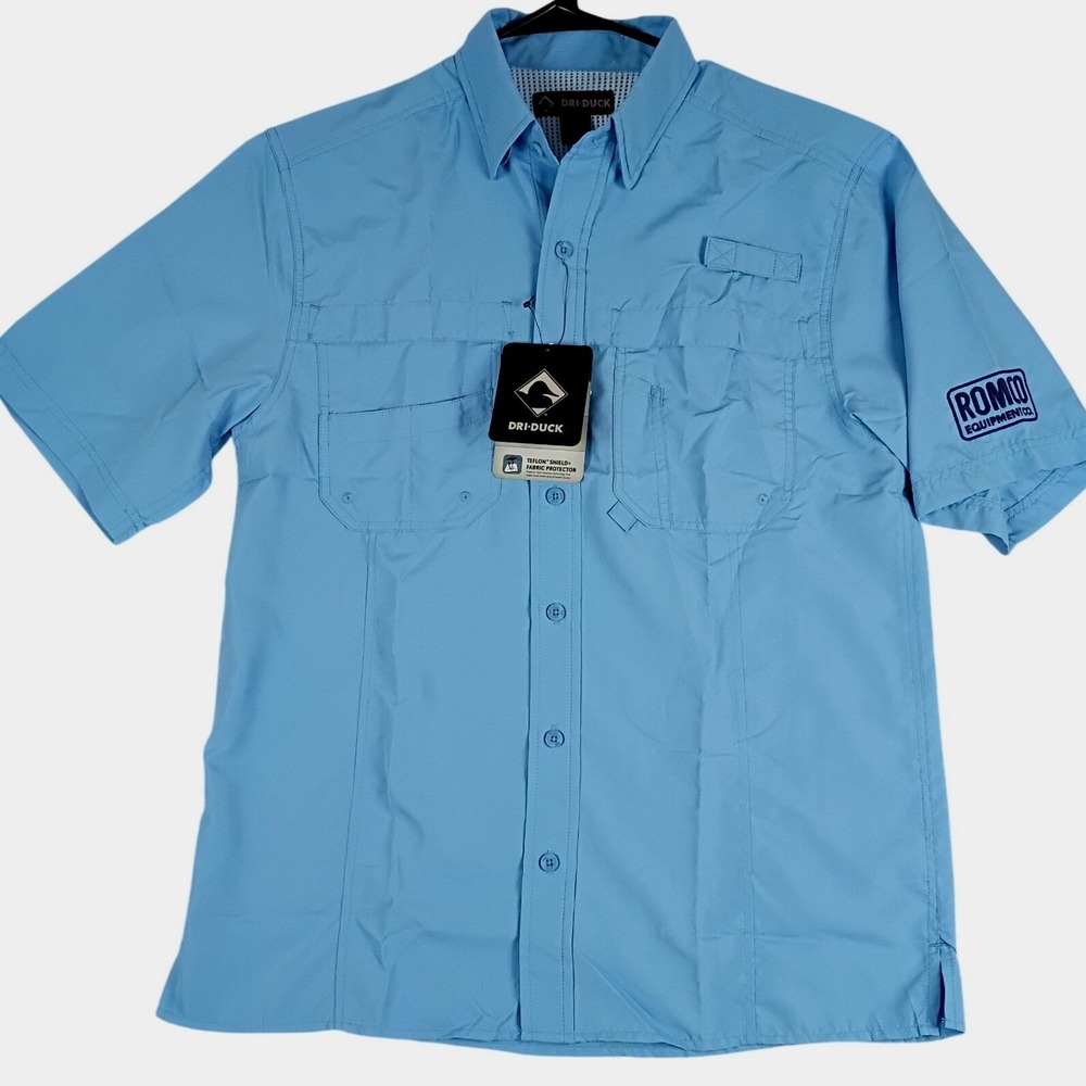 Dri-Duck Fishing Shirt Mens Small Blue UPF 40 Teflon ROMCO Short Sleeve Outdoor